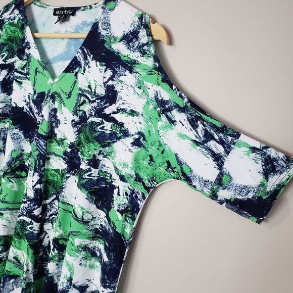 Marble Short Sleeve Oversized Cold Shoulder Green Blue Tunic Top Small XSmall - Picture 2 of 12